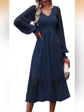 Women's Navy V-Neck Long Sleeve Maxi Dress